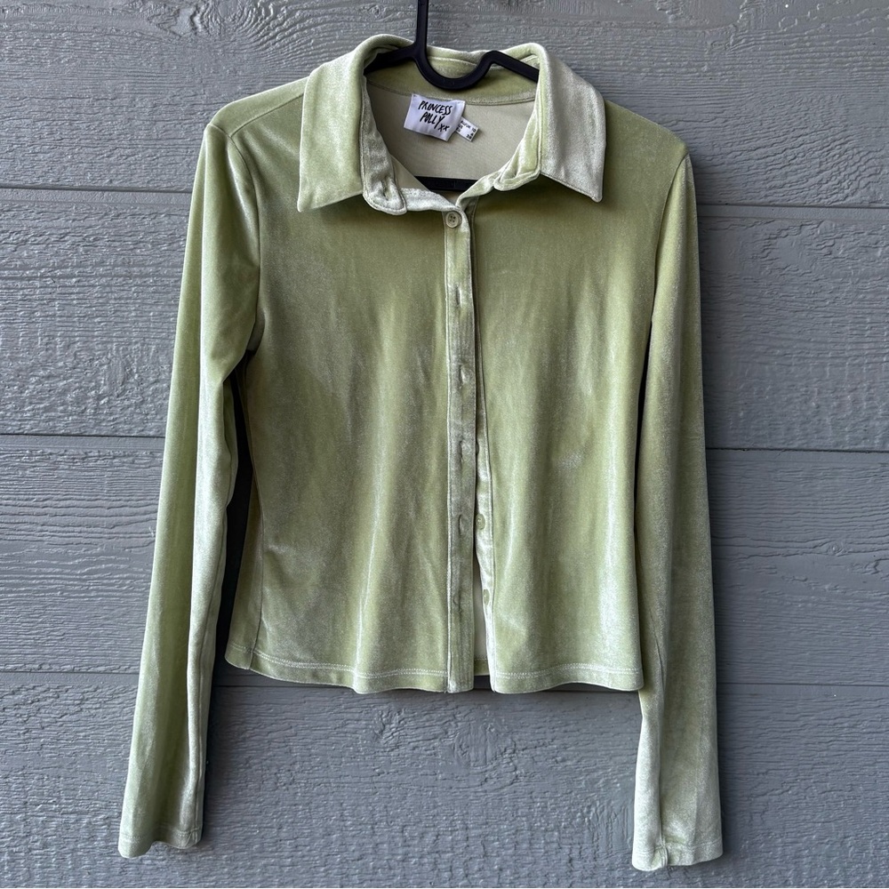 Princess Polly Light Green Velvet Button-Up Top